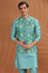 Turquoise Blue Silk Kurta Pajama with Printed Jacket